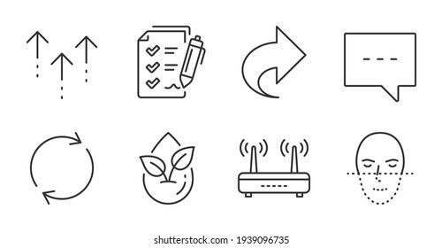 Survey checklist, Swipe up and Full rotation icons set. Wifi, Face recognition and Organic product signs. Vector