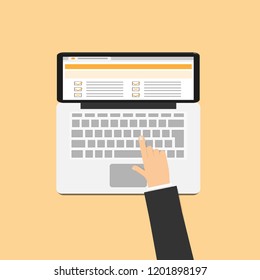Survey client top view laptop feedback questionnaire work graphic technology report quiz test smart screen checklist exam opinion hand online vector form flat icon computer web research internet form