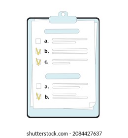 Survey clipboard isolated on a white background. Quality test. Client answers. Vector illustration. 