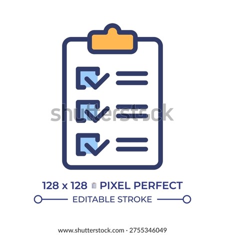 Survey clipboard pixel perfect line color icon. Todo list, task checklist. Project management. Regulatory checks. Isolated vector illustration. Flat colorful symbol design. Editable stroke