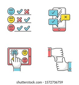 Survey color icons set. Pick satisfaction level. Positive, negative feedback. Sad, happy emoticons. Checklist with marks. Online chat. Like, dislike sign. Isolated vector illustrations