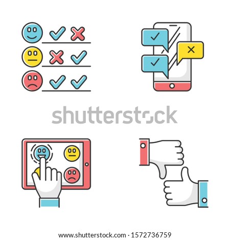 Survey color icons set. Pick satisfaction level. Positive, negative feedback. Sad, happy emoticons. Checklist with marks. Online chat. Like, dislike sign. Isolated vector illustrations