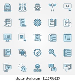 Survey colored icons set - vector creative check list, to-do list concept signs or logo elements