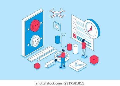 Survey Konzept in 3D isometrischem Design. Menschen, die in Form von Fragebogenantworten antworten, Feedback von Kunden geben, die Auswahl und Kennzeichnung in der Prüfliste vornehmen. Vektorgrafik mit Isometrie-Szene für Web-Grafik