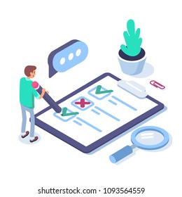 Survey concept banner with characters. Can use for web banner, infographics, hero images. Flat isometric vector illustration isolated on white background.