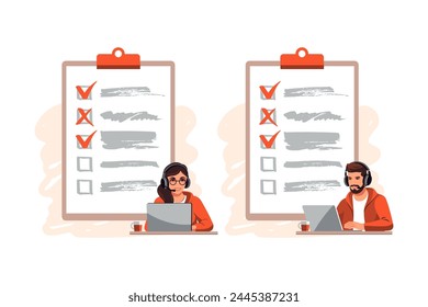 Concepto de Encuesta. Comentarios de los Clientes o formulario de opinión. El cliente responde a la comprensión con el equipo de investigación profesional. Caracteres rellenando formulario de Encuesta.