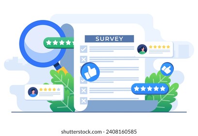 Survey concept flat illustration vector template, Filling Test in Customer Survey Form, Customer experiences and satisfaction concept for landing page, web banner, mobile app, Web design, UI ux