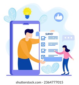 Survey concept flat style vector illustration with quality test and satisfaction report. Feedback from customers or form opinions. Client answers questions.