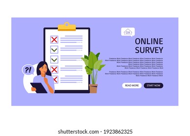 Survey of customer satisfaction. Landing page. Piece of paper with ticks and crosses. Vector illustration. Flat style