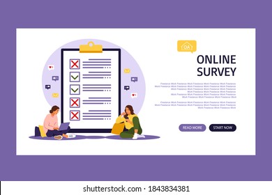 Survey of customer satisfaction. Piece of paper with ticks and crosses. Landing page. Small people characters fill out a form. Vector illustration. Flat style.