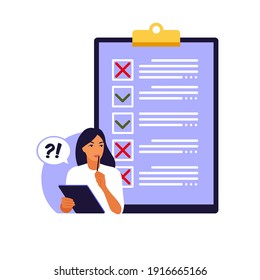 Survey of customer satisfaction. Piece of paper with ticks and crosses. Small people characters fill out a form. Vector illustration. Flat style.