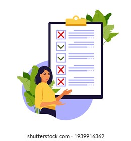 Survey of customer satisfaction. Piece of paper with ticks and crosses. Small people characters fill out a form. Vector illustration. Flat style.