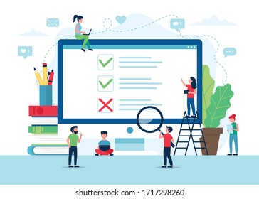 Survey of customer satisfaction. Screen with ticks and crosses. Small people characters. Vector illustration in flat style