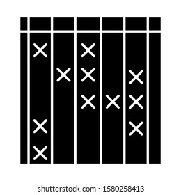 Survey data glyph icon. Cross mark on checklist. Info analysis. Chart and graph. Evaluation list. Answer blank. Questionnaire form. Silhouette symbol. Negative space. Vector isolated illustration