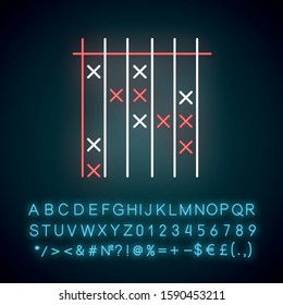 Survey data neon light icon. Cross mark on checklist. Chart, graph. Assessment document. Answer blank. Questionnaire form. Glowing sign with alphabet, numbers and symbols. Vector isolated illustration