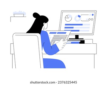 Survey data visualization abstract concept vector illustration. Opinion poll worker using laptop to visualize survey data information, social science, infographic on screen abstract metaphor.
