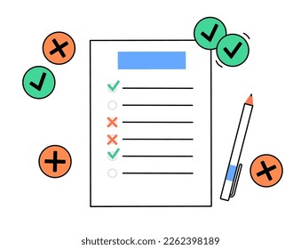 Survey document. Checklist form for feedback or questionnaire pool. Customer service, client satisfaction report. Education test, quiz or interview, human research assessment flat vector illustration.