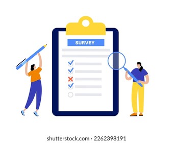 Survey document. Checklist form for feedback or questionnaire pool. Customer service, client satisfaction report. Education test, quiz or interview, human research assessment flat vector illustration.