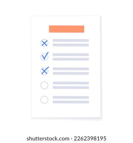 Survey document. Checklist form for feedback or questionnaire pool. Customer service, client satisfaction report. Education test, quiz or interview, human research assessment flat vector illustration.