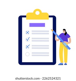 Survey document. Checklist form for feedback or questionnaire pool. Customer service, client satisfaction report. Education test, quiz or interview, human research assessment flat vector illustration.