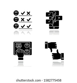 Survey drop shadow black glyph icons set. Pick satisfaction level. Positive, negative feedback. Sad, happy emoticons. Checklist. Online chat. Like, dislike sign. Isolated vector illustrations