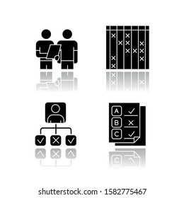 Survey drop shadow black glyph icons set. Interview, questioning. Checklist mark. Info collection, analysis. Personal profile. Questionnaire. Check list, select option. Isolated vector illustrations