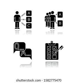Survey drop shadow black glyph icons set. Personal questioning. Mass poll. Group test. FAQ sign. Question and answer. Written checklist. Share opinion. Tick checkbox. Isolated vector illustrations