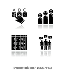 Survey drop shadow black glyph icons set. Choosing option. Satisfaction level. Positive and negative emoticons. Select number. Checklist. Mass poll. Public opinion. Vote. Isolated vector illustrations