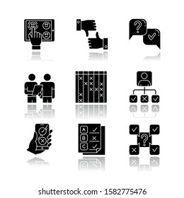 Survey drop shadow black glyph icons set. Choose satisfaction level. Online feedback. Like and dislike. Question and answer. Interview. Personal profile. Test checklist. Isolated vector illustrations