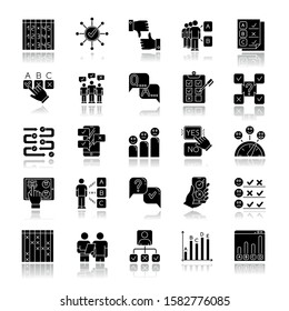 Survey drop shadow black glyph icons set. Question and answer. Social poll. Group survey. Interview. Positive and negative feedback. Statistics analysis. Yes, no. Isolated vector illustrations