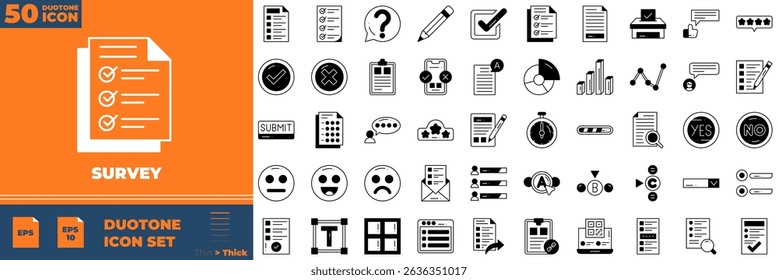 Editierbare Symbole für Umfrage-Duotone. Vektorgrafik im modernen dünnen Duotonstil von Umfragesymbolen: Feedback, Meinung, Fragebogen usw.