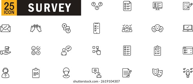 Conjunto de iconos de esquema editable de Encuesta. Cuestionario Comentarios Lista de verificación Encuesta de evaluación Evaluación de satisfacción y más.