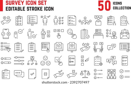 Survey editable stroke icon collection contains icons such as feedback, opinion, rating, checklist, testimonials, outstanding performance, poll, satisfaction and more. Review  feedback thin line icon