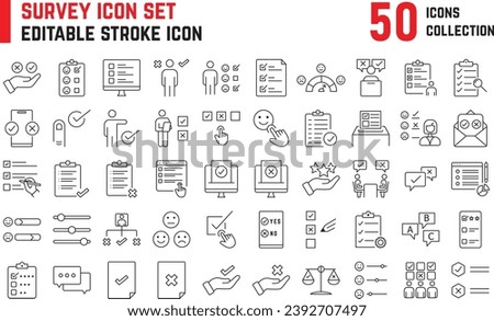 Survey editable stroke icon collection contains icons such as feedback, opinion, rating, checklist, testimonials, outstanding performance, poll, satisfaction and more. Review  feedback thin line icon