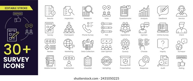 Vermessungsbearbeitbarer Strich-Symbolsatz. Enthält Feedback-, Meinungs-, Fragebogen-, Umfrage-, Forschungs-, Datensammlungs-, Review- und Zufriedenheitssymbole. Editierbare Gliederungssymbol-Sammlung. Vektor.