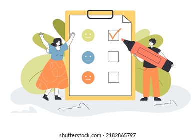 Survey with emoji on clipboard for customers. Tiny man holding marker to tick off approval flat vector illustration. Feedback, satisfaction concept for banner, website design or landing web page