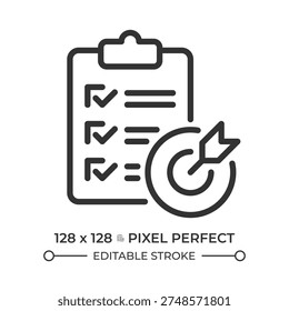 Survey evaluation pixel perfect line icon. Task approval, work planning. Target goal. Project management. Isolated vector illustration. Outline symbol. Simple linear drawing. Editable stroke