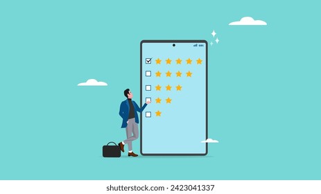 evaluación de resultados de la encuesta, buena calificación de los clientes, evaluación de opiniones de los clientes, calificación de cinco estrellas, empresario haciendo a un lado un gran smartphone con cinco estrellas calificando la ilustración vectorial