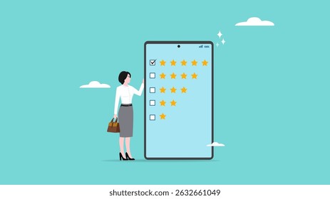 survey evaluation of work result, good rating from customers, evaluate opinions from customers, five star rating, woman standing aside big smart phone with five stars ratting vector illustration