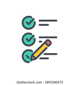 Survey and exam color line icon. Checklist with pencil vector outline colorful sign.