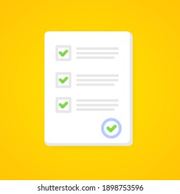 Survey or exam form paper with answer checklist quiz and evaluation of success results. Education test idea, questionnaire, document vector illustration. EPS 10