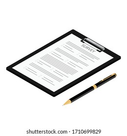 Survey or exam form paper document and ballpoint pen. Education test concept. Vector. Isometric view