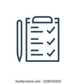 Survey or exam form paper sheet icon with answered quiz checklist and success result assessment, idea of education test, questionnaire symbol, document vector line outline