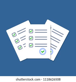 Survey or exam form paper sheets pile. Exam form. Checklists with answered quiz checklist and success result assessment. Isolated vector illustration in flat design.