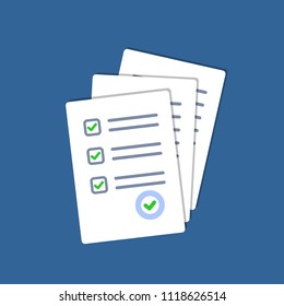 Survey or exam form paper sheets pile. Exam form. Checklists with answered quiz checklist and success result assessment. Isolated vector illustration in flat design.