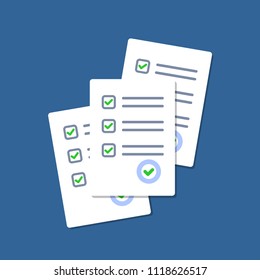 Survey or exam form paper sheets pile. Exam form. Checklists with answered quiz checklist and success result assessment. Isolated vector illustration in flat design.