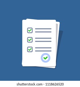 Survey or exam form paper sheets pile. Exam form. Checklists with answered quiz checklist and success result assessment. Isolated vector illustration in flat design.