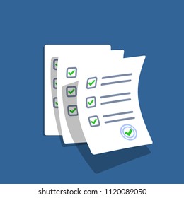Survey or exam form paper sheets pile. Flying exam form. Checklists with answered quiz checklist and success result assessment. Isolated vector illustration.