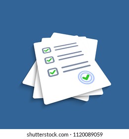 Survey or exam form paper sheets pile. Exam form. Stack of white papers. Checklists with answered quiz checklist and success result assessment. Isolated vector illustration.