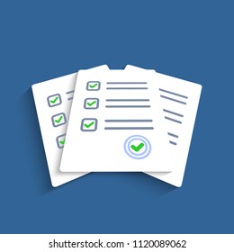 Survey or exam form paper sheets pile. Exam form. Checklists with answered quiz checklist and success result assessment. Isolated vector illustration.